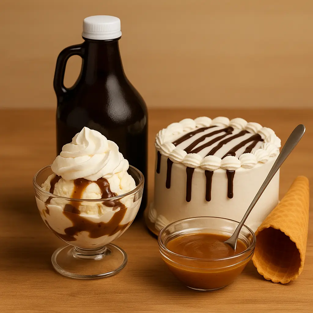 House-made toppings and treats: growler, sundae with whipped cream, chocolate-drip cake, caramel, and a waffle cone.
